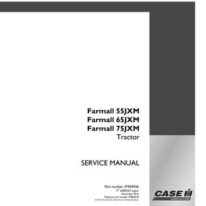 Op de afbeelding: Een witte servicehandleiding met de tekst "Farmall 55JXM, 65JXM, 75JXM Tractor" in het zwart. De cover bevat ook de woorden "SERVICE MANUAL" en het Case IH Agriculture logo.