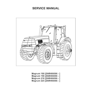 May include: A service manual for Case IH Magnum tractors. The cover features the Case IH logo and the words "SERVICE MANUAL". The manual includes a line drawing of a tractor and lists Magnum models 180, 190, 210, and 225.