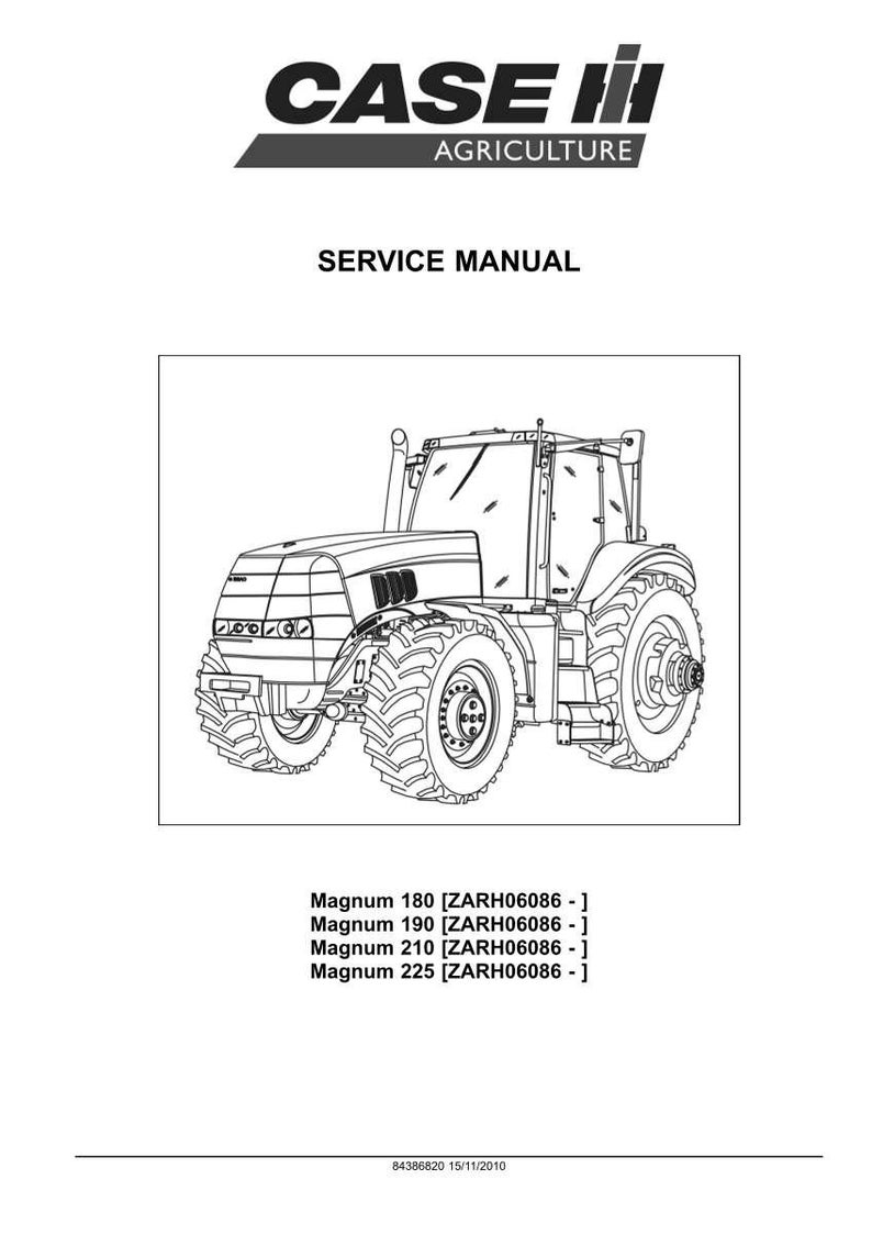 May include: A service manual for Case IH Magnum tractors. The cover features the Case IH logo and the words "SERVICE MANUAL". The manual includes a line drawing of a tractor and lists Magnum models 180, 190, 210, and 225.