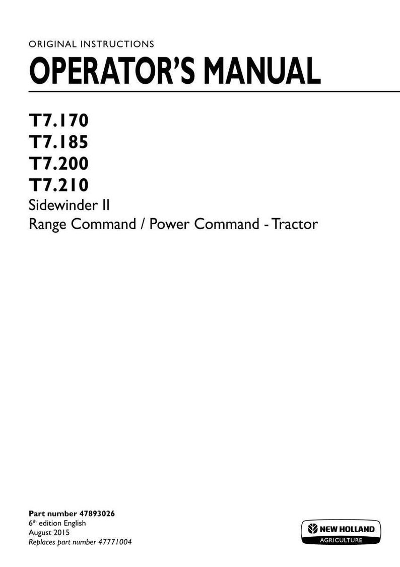 New Holland T7.170, T7.185, T7.200, T7.210 Sidewinder Ii Range Power Command Tractor Operator Owners Operation Manual | Instant Pdf Download image 3