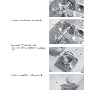 May include: Technical diagram illustrating the disassembly of a flanged plug. The image shows steps to remove the O-ring seal and unscrew the plug. Includes close-up views of the components with numbered labels for each part.