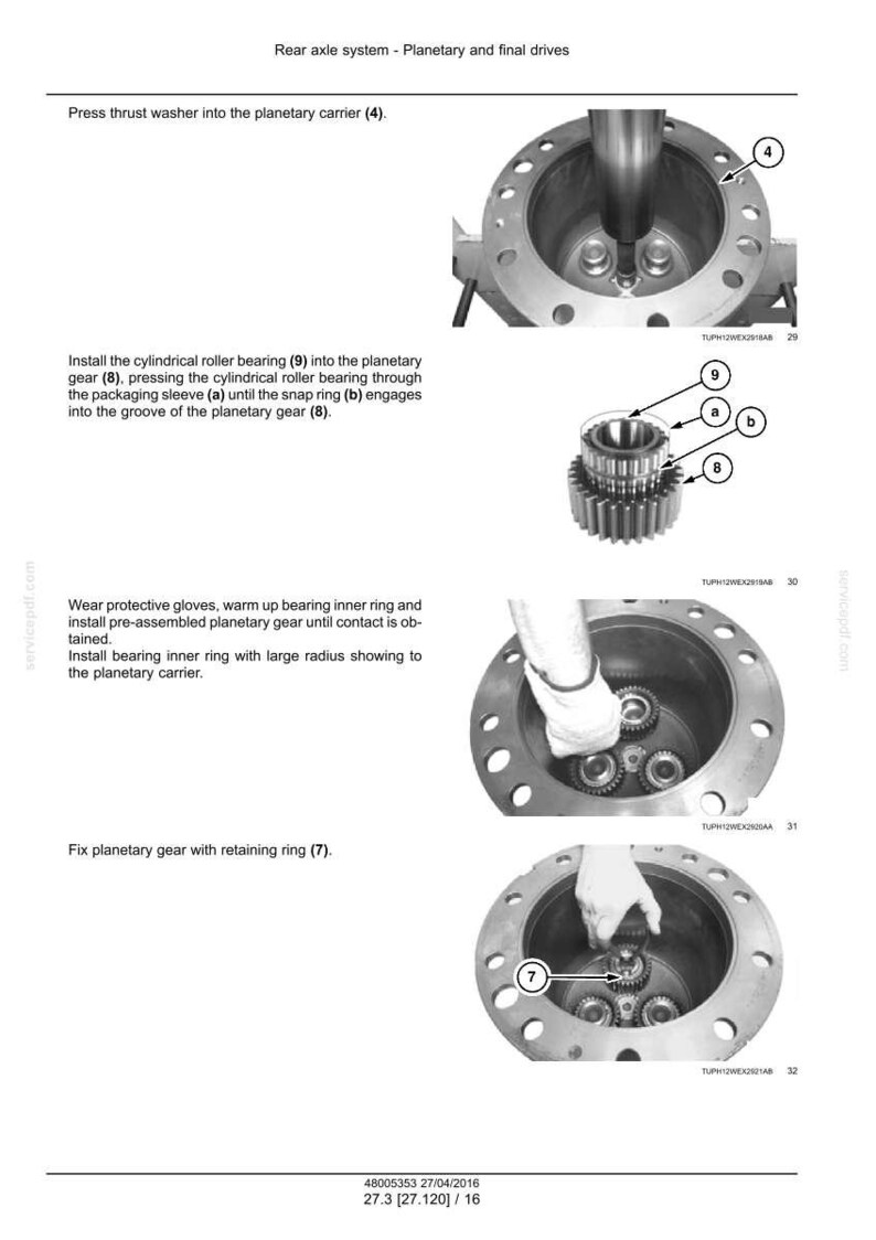 May include: Diagram of a rear axle system with planetary and final drives. The image shows the assembly process, including installing cylindrical roller bearings and planetary gears. Text and numbered labels identify the components.