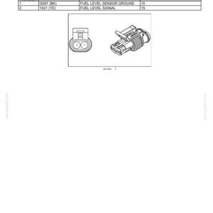 May include: Diagram of a fuel sender connector, labeled "CONNECTOR X-037 - FUEL SENDER." The diagram includes a table with pin and wire numbers, circuit references, and electrical schematic frame information. Two illustrations of the connector are shown.