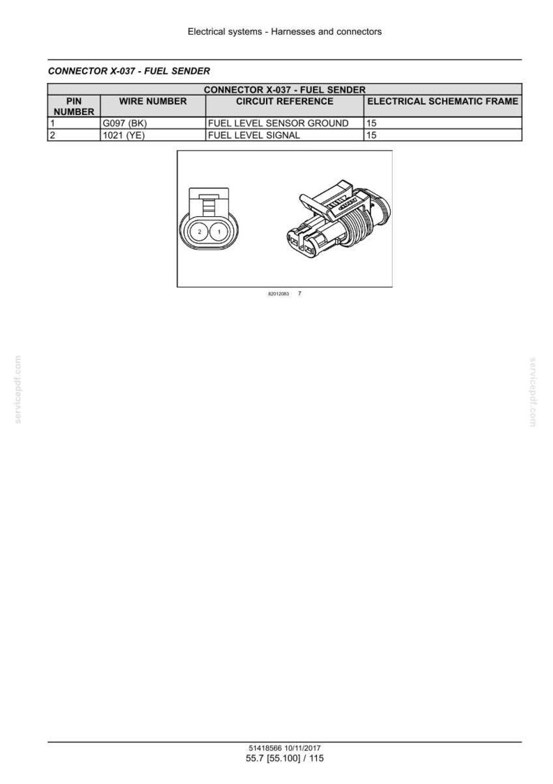 May include: Diagram of a fuel sender connector, labeled "CONNECTOR X-037 - FUEL SENDER." The diagram includes a table with pin and wire numbers, circuit references, and electrical schematic frame information. Two illustrations of the connector are shown.