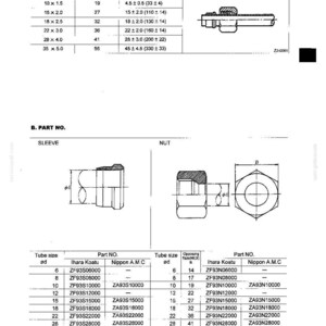 May include: A technical document titled 4. TORQUE SPECIFICATIONS FOR SLEEVE TYPE TUBE FITTINGS. It includes a table for torque values in kg-m and lb-ft, a diagram of a tube fitting, and a section B. PART NO. with tables for sleeve and nut parts.