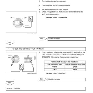 Peut inclure: Diagramme d'un manuel de diagnostic moteur. Il comprend des instructions pour mesurer la tension et v&eacute;rifier la continuit&eacute; du faisceau. L'image montre des sch&eacute;mas de c&acirc;blage et des illustrations de connecteurs, avec du texte et des symboles.