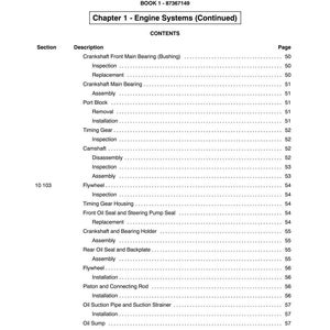 May include: A page from a manual titled "SECTION 10 - ENGINE" with a table of contents. The table lists engine components such as crankshaft bearings, timing gears, and flywheels. The book's number is 1-87367149.