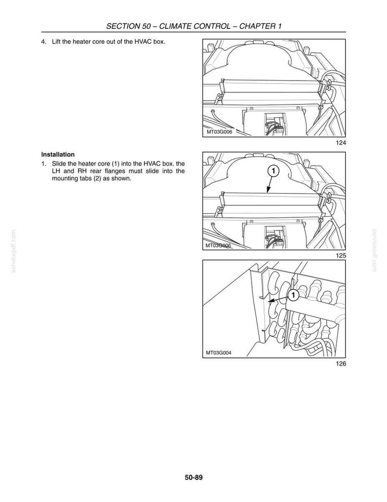 May include: Diagrams from a manual showing the installation of a heater core into an HVAC box. The diagrams are labeled with numbers and arrows to indicate the steps. The text reads "SECTION 50 - CLIMATE CONTROL - CHAPTER 1".