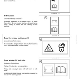 May include: A technical document page titled 2-SAFETY INFORMATION featuring four numbered safety decals. Each section includes a descriptive label, text instructions, and a corresponding black and white icon illustrating safety procedures for a dozer.