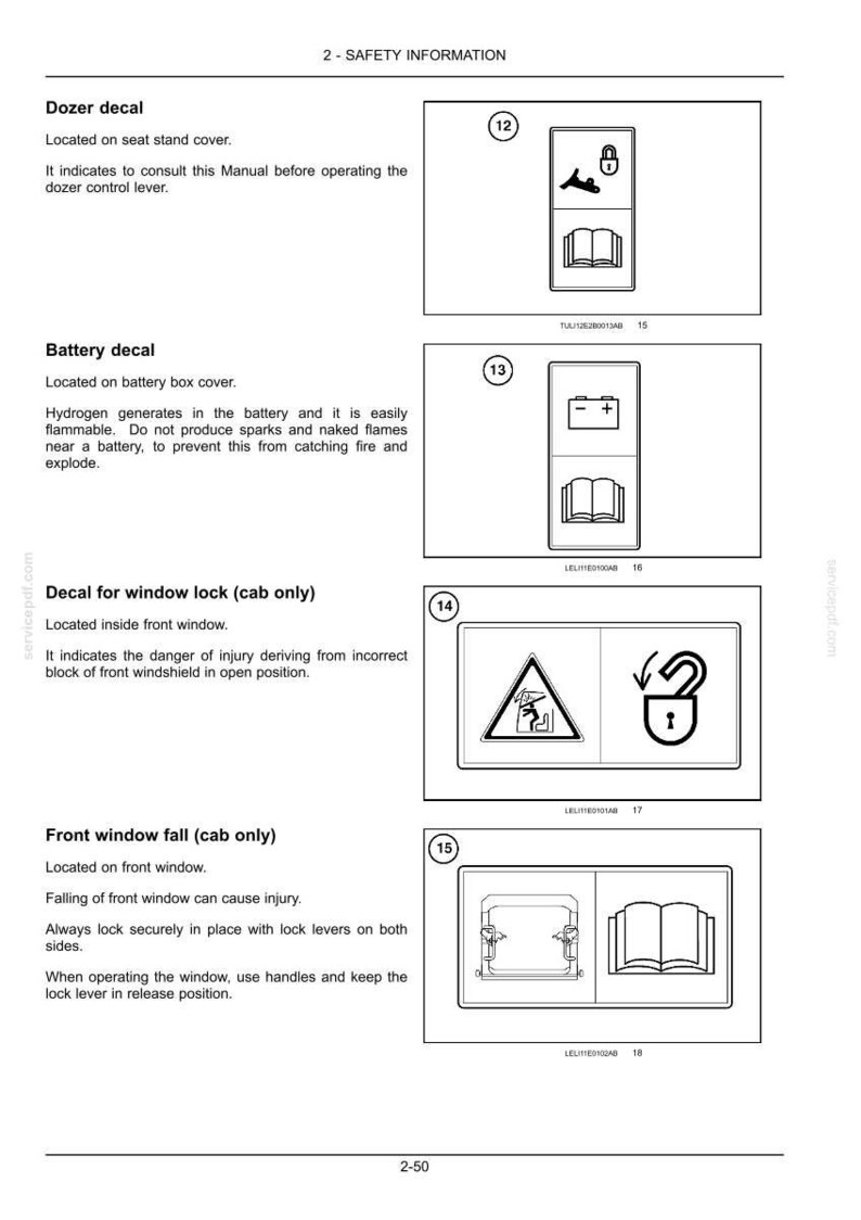 May include: A technical document page titled 2-SAFETY INFORMATION featuring four numbered safety decals. Each section includes a descriptive label, text instructions, and a corresponding black and white icon illustrating safety procedures for a dozer.
