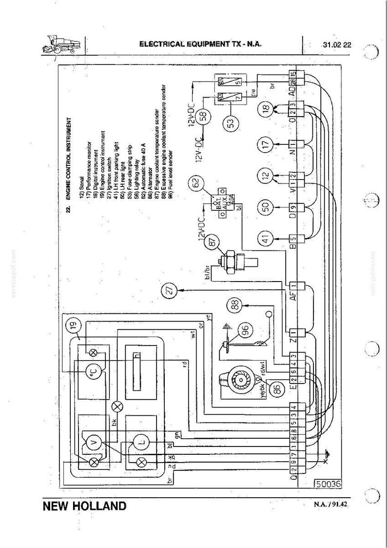 May include: Diagram of electrical equipment for a New Holland machine. The schematic includes components like the engine control instrument, alternator, and various sensors, with labels and wiring connections.