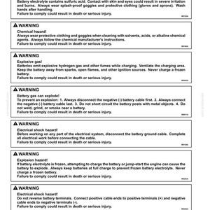 May include: A technical document page titled 7-MAINTENANCE, Battery safety - check and cleaning. It contains seven distinct warning boxes with black text on a white background, detailing hazards related to battery acid, chemicals, and explosions.
