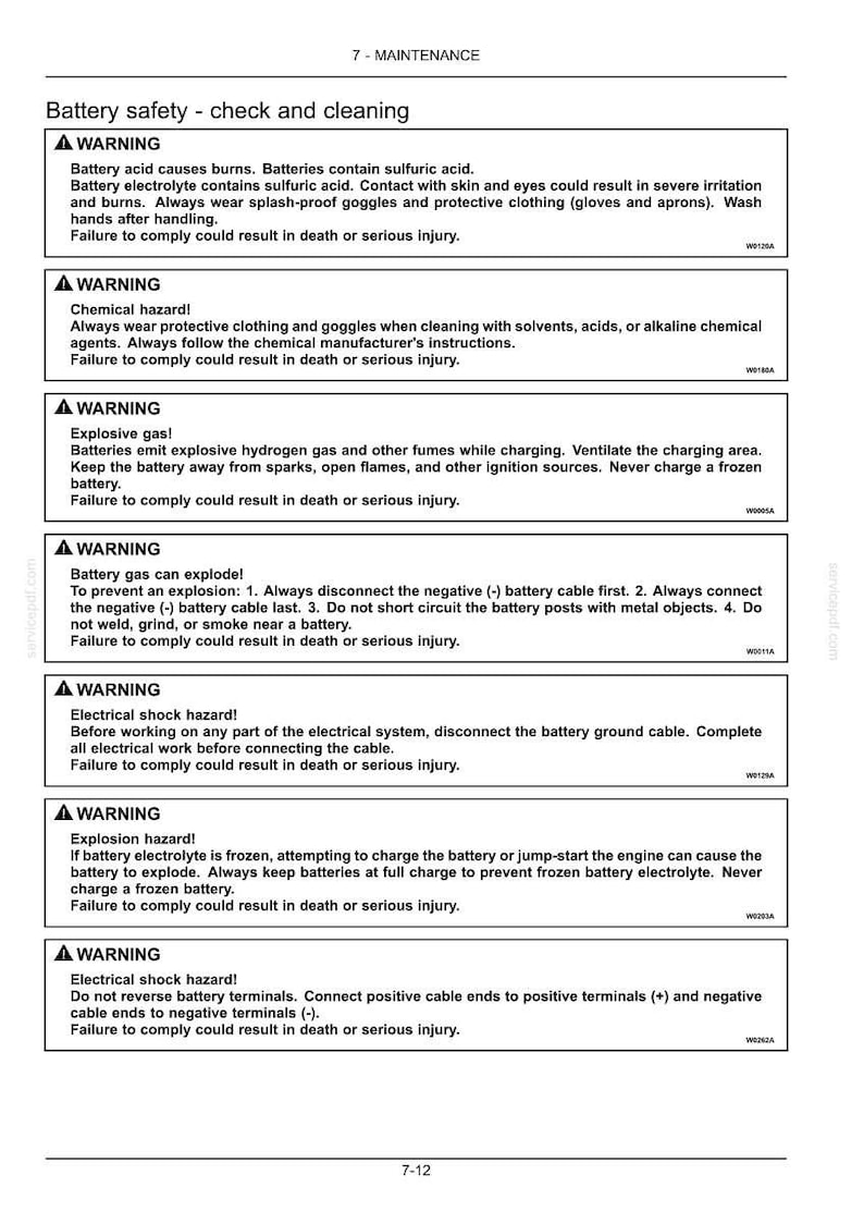 May include: A technical document page titled 7-MAINTENANCE, Battery safety - check and cleaning. It contains seven distinct warning boxes with black text on a white background, detailing hazards related to battery acid, chemicals, and explosions.