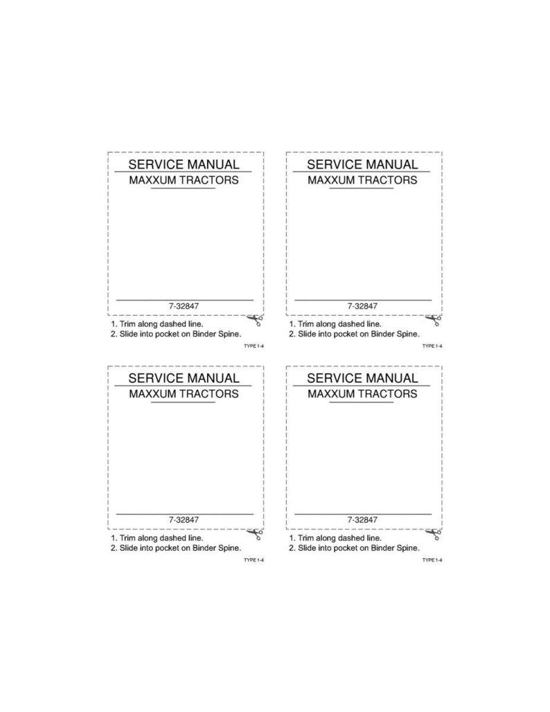 Puede incluir: Cuatro tarjetas rectangulares blancas con el texto "SERVICE MANUAL MAXXUM TRACTORS" impreso en negro. Cada tarjeta tiene instrucciones para recortar a lo largo de una l&iacute;nea discontinua y deslizarla en un bolsillo en el lomo del encuadernador.