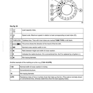 May include: A technical diagram titled SECTION 3 - FIELD OPERATION showing a tire with numbered callouts from 1 to 8. The image explains tire markings like 600/65 R 38, detailing load capacity, speed codes, tubeless status, and rim diameter.