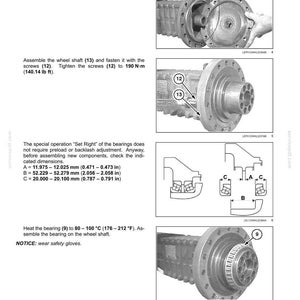 May include: Diagram of a front axle system with instructions for assembly. Includes steps for installing an O-ring, wheel shaft, and tightening screws to 190 N-m (140.14 lb ft). Also shows bearing dimensions in inches.