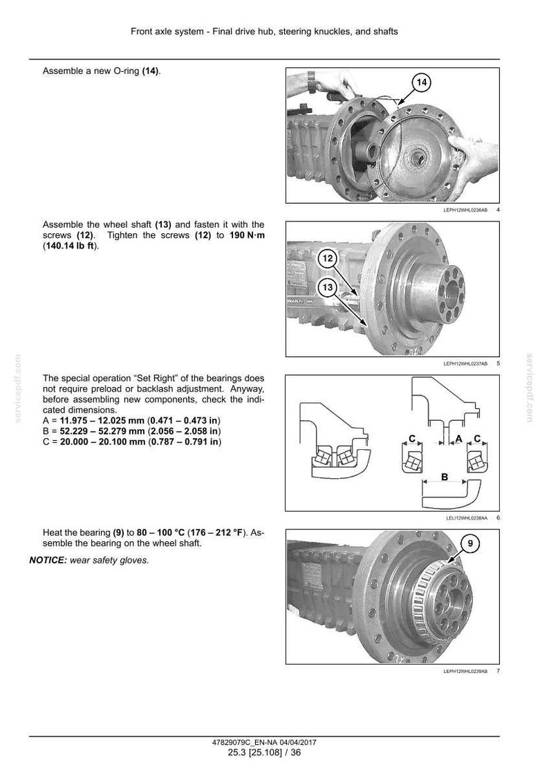 May include: Diagram of a front axle system with instructions for assembly. Includes steps for installing an O-ring, wheel shaft, and tightening screws to 190 N-m (140.14 lb ft). Also shows bearing dimensions in inches.