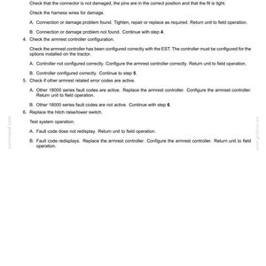 May include: A white document with the title "Electrical systems - FAULT CODES" and troubleshooting steps for a tractor's armrest controller. Instructions include checking connectors, wires, and controller configuration. The document also includes a date and part number.