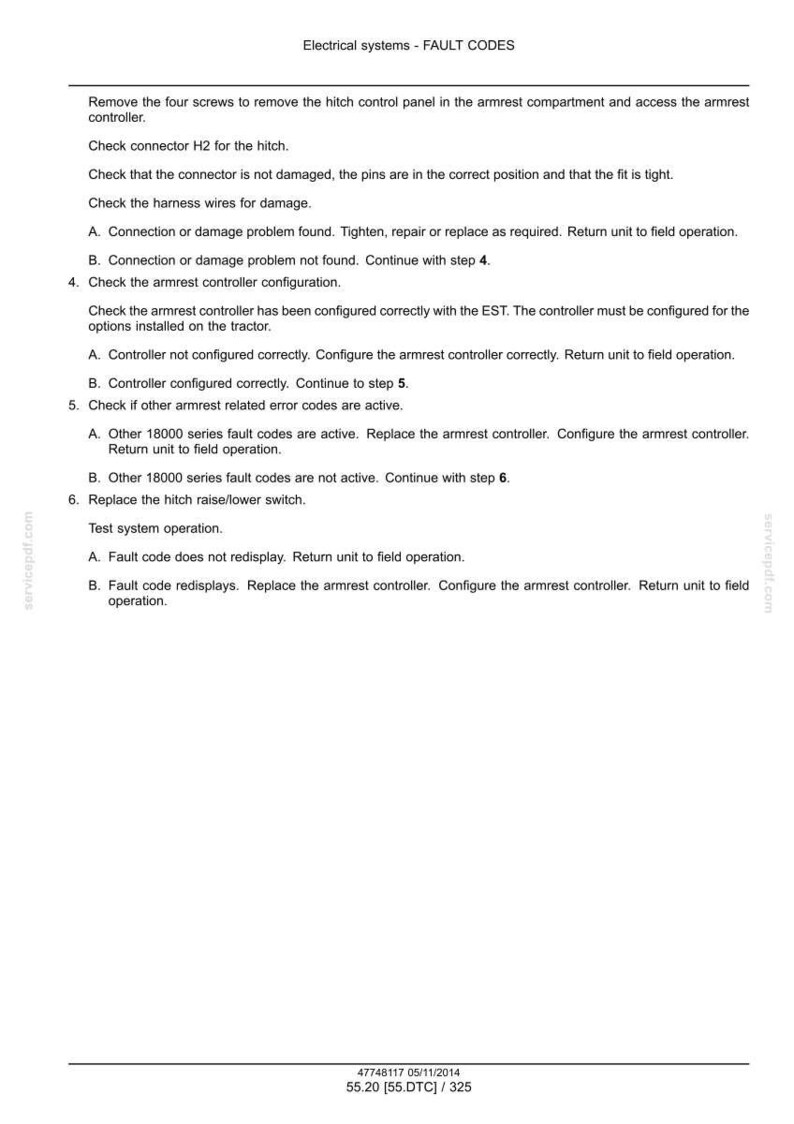 May include: A white document with the title "Electrical systems - FAULT CODES" and troubleshooting steps for a tractor's armrest controller. Instructions include checking connectors, wires, and controller configuration. The document also includes a date and part number.