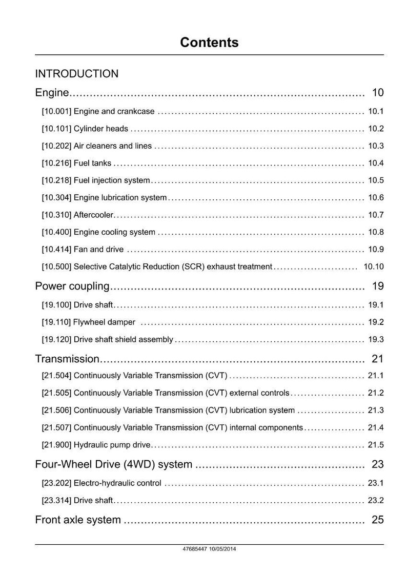 May include: A page from a manual titled "Contents" with a list of engine and transmission components. The text is black on a white background. Sections include Engine, Power coupling, Transmission, and Four-Wheel Drive system.