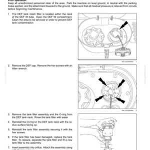 May include: Diagram of the Selective Catalytic Reduction (SCR) tank filter maintenance procedure. The image shows step-by-step instructions, including removing the DEF cap, tank filter assembly, and O-ring. Text includes "7 - MAINTENANCE" and "Selective Catalytic Reduction System (SCR) tank filter".