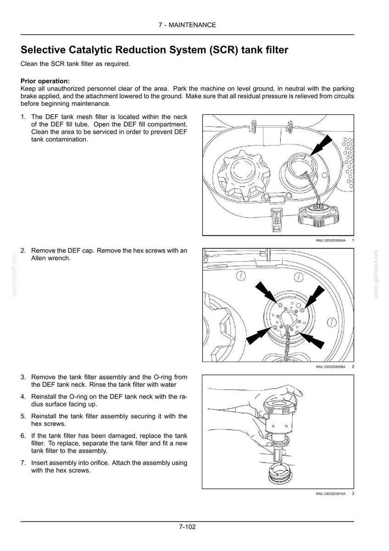 May include: Diagram of the Selective Catalytic Reduction (SCR) tank filter maintenance procedure. The image shows step-by-step instructions, including removing the DEF cap, tank filter assembly, and O-ring. Text includes "7 - MAINTENANCE" and "Selective Catalytic Reduction System (SCR) tank filter".