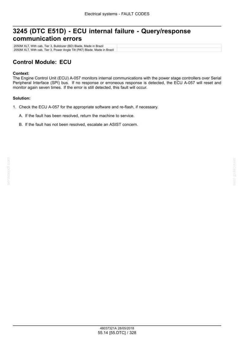 May include: A white document with black text detailing fault codes for electrical systems. The text includes "3245 (DTC E51D) - ECU internal failure - Query/response communication errors" and instructions for troubleshooting.