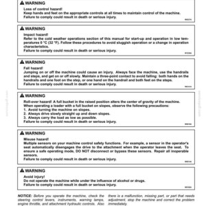May include: A page of operating instructions titled Moving the Unit, featuring six warning boxes regarding loss of control, impact, fall, roll-over, misuse, and injury hazards, plus notices about machine checks and electro-hydraulic system operation.