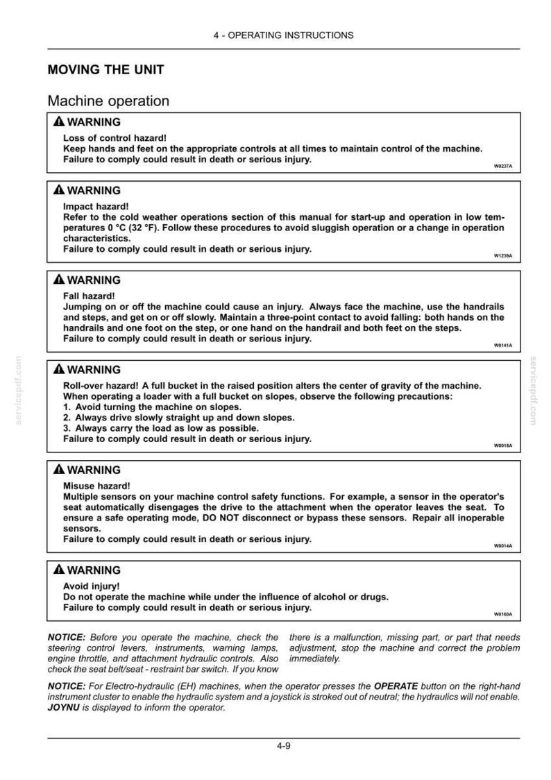 May include: A page of operating instructions titled Moving the Unit, featuring six warning boxes regarding loss of control, impact, fall, roll-over, misuse, and injury hazards, plus notices about machine checks and electro-hydraulic system operation.