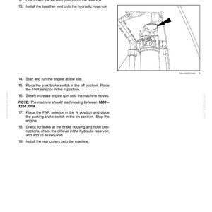 May include: Diagram of a machine's brake and control system, with instructions for installation and operation. Text includes steps for installing the hydrostatic motor, vacuum pump, and breather vent. The image also shows a diagram of the machine's components.