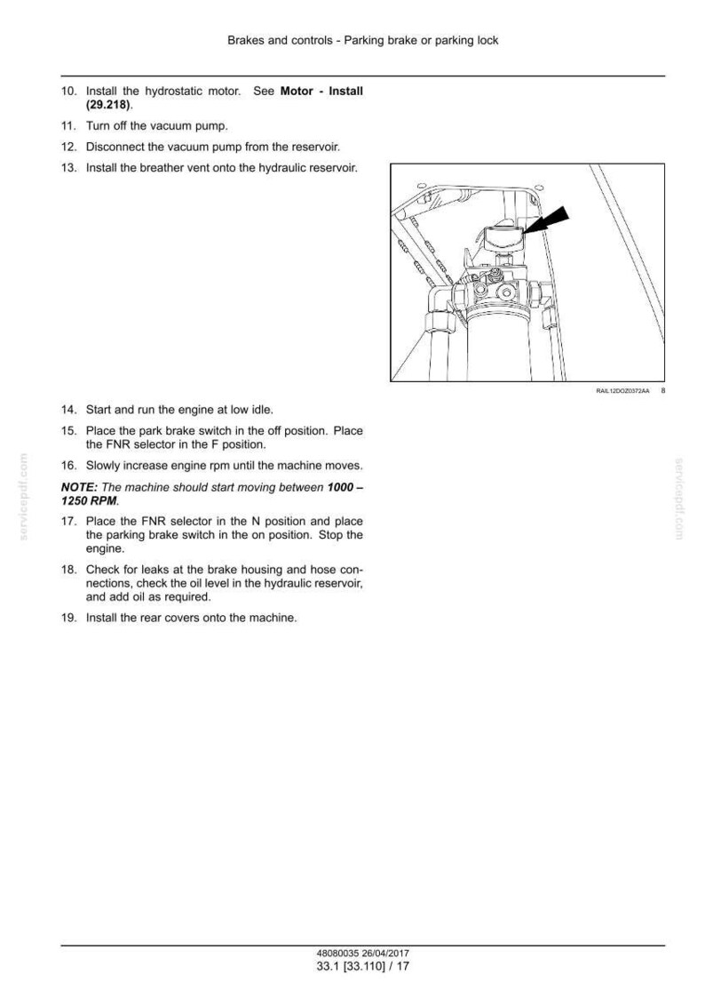 May include: Diagram of a machine's brake and control system, with instructions for installation and operation. Text includes steps for installing the hydrostatic motor, vacuum pump, and breather vent. The image also shows a diagram of the machine's components.