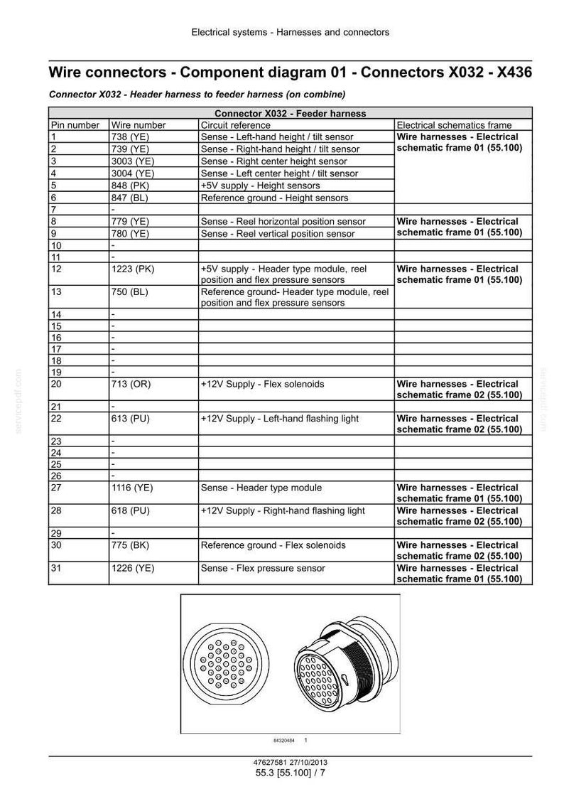 May include: Component diagram of wire connectors, including pin numbers, wire numbers, circuit references, and electrical schematics. The diagram details connector X032 and feeder harness information, with a focus on electrical systems and harnesses.