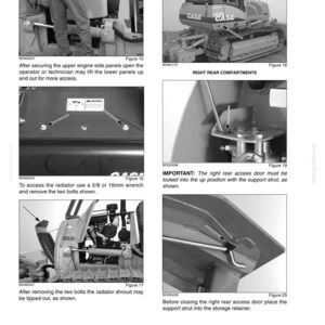 May include: A grayscale technical manual page with diagrams and instructions for machinery maintenance. The images show engine components, access panels, and the use of tools like a 5/8 inch wrench. Text includes "LUBRICATION, FILTERS, AND FLUIDS".