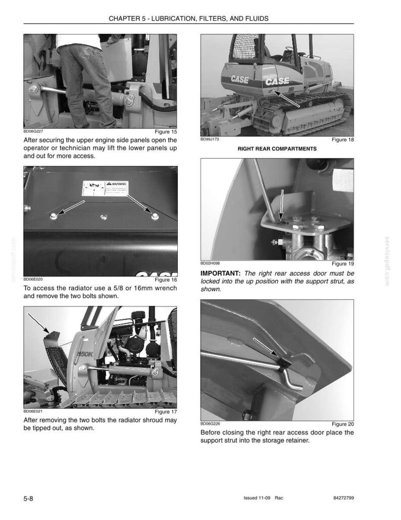 May include: A grayscale technical manual page with diagrams and instructions for machinery maintenance. The images show engine components, access panels, and the use of tools like a 5/8 inch wrench. Text includes "LUBRICATION, FILTERS, AND FLUIDS".