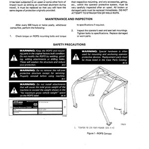 May include: Diagram of a ROPS canopy, a safety device for machinery, with safety precautions and maintenance instructions. Includes warnings about modifications and weight limits. Text includes "ACCIDENTAL UPSET" and "JICase".