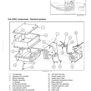 May include: Diagram showing cab HVAC components for standard systems, including a lid assembly, blower assembly, and various tubes and valves. The image includes labels for each part, such as the A/C liquid line tube and the thermal expansion valve.