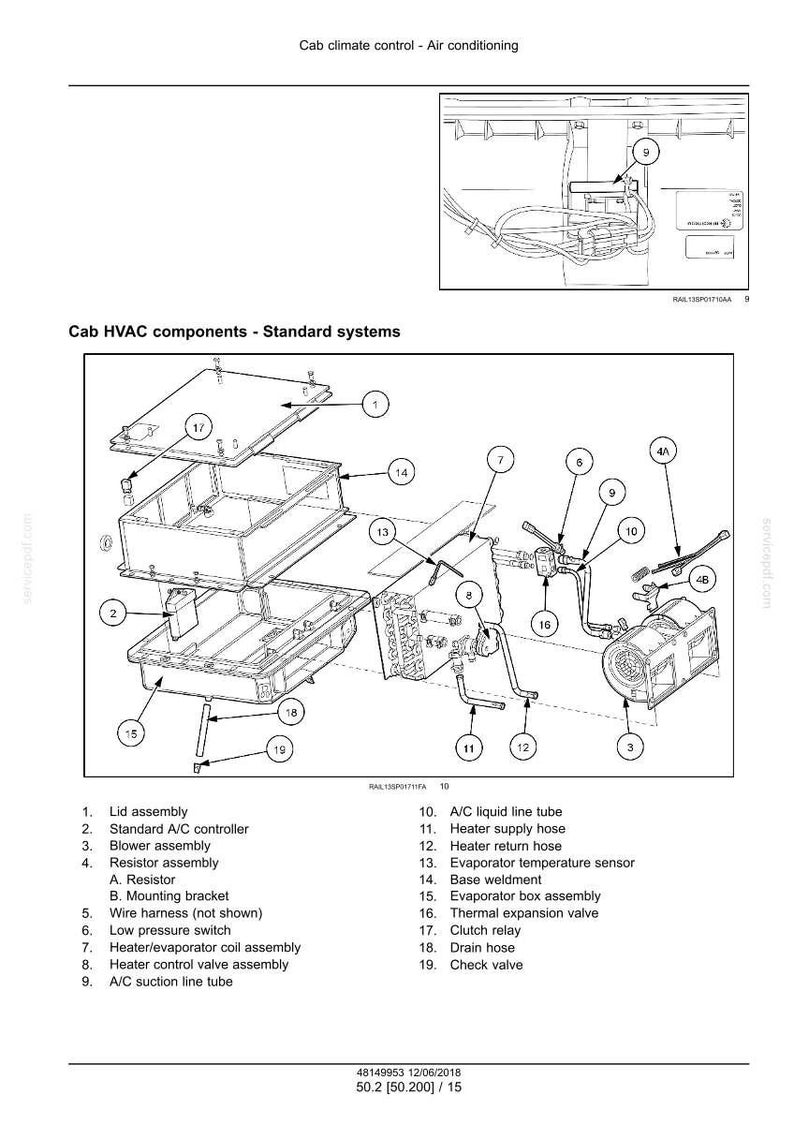 May include: Diagram showing cab HVAC components for standard systems, including a lid assembly, blower assembly, and various tubes and valves. The image includes labels for each part, such as the A/C liquid line tube and the thermal expansion valve.