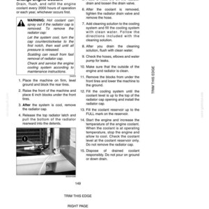 May include: A page from a service manual detailing how to change engine coolant. The text includes warnings and step-by-step instructions with illustrations. The page is labeled "LUBRICATION" and "EVERY 2000 HOURS".
