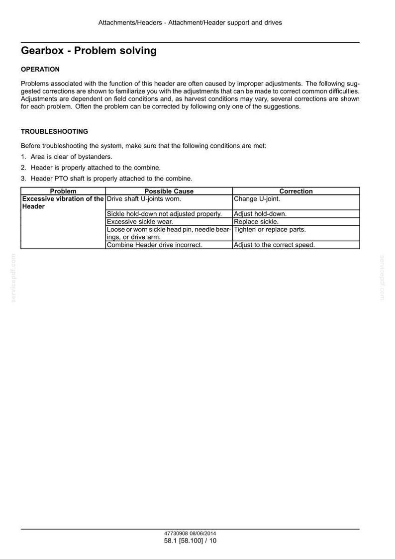 May include: A troubleshooting guide for a gearbox, detailing problems and solutions. The document includes a table with potential causes for excessive vibration and suggested corrections, such as adjusting or replacing parts. The text is in black font on a white background.