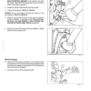 May include: Diagram illustrating the installation of a Power Take-Off (PTO) drive shaft, with bolt and locknut details. The instructions specify a torque of 163 N-m (120 lb ft). The image also shows the PTO shield and swivel tongue installation.