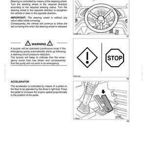 K&ouml;nnte beinhalten: Diagramm von Fahrzeugbedienelementen, einschlie&szlig;lich Lenkrad, Warnsymbol, Stoppschild und Gaspedal. Text erkl&auml;rt Lenkung, Warnsummer und Gaspedal-Funktion.