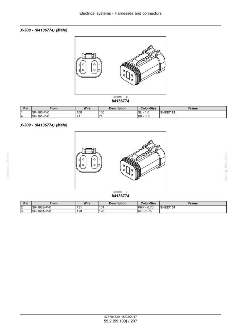 May include: Diagram of electrical connectors, labeled X-308 and X-309, with detailed views and specifications. Includes pin configurations, wire details, and color-size information. The text includes the number 84136774.