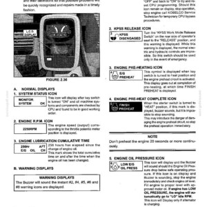 以下が含まれることがあります： 「Section II - MACHINE FAMILIARIZATION」と題された技術マニュアルのページ。L.C.D.ディスプレイの白黒図と、CPU、KPSS release、engine pre-heating、engine oil pressureなどのアイコンの詳細なリストが記載されています。