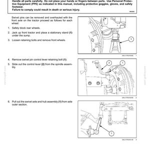 May include: Diagram illustrating the removal of an axle wheel hub and spindle assembly. The image includes numbered steps and diagrams for safely removing parts, with a warning about potential injury. The text includes safety instructions.
