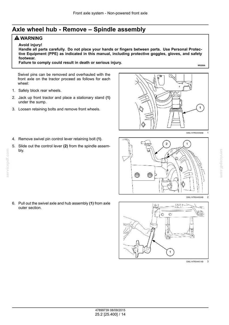 May include: Diagram illustrating the removal of an axle wheel hub and spindle assembly. The image includes numbered steps and diagrams for safely removing parts, with a warning about potential injury. The text includes safety instructions.