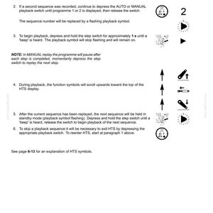 May include: A technical document page titled 6-WORKING OPERATIONS detailing playback procedures. It includes numbered instructions, control icons, and visual symbols for operating a system, with text explaining how to use AUTO, MANUAL, and step switches.