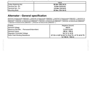 May include: Technical specifications for an alternator, including torque values for pulley retaining nuts, terminal nuts, and mounting bolts. General specifications include polarity, voltage, output, and resistance.