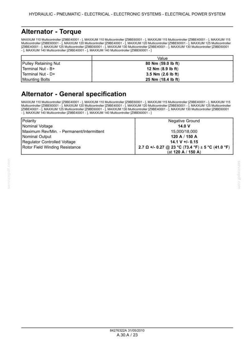 May include: Technical specifications for an alternator, including torque values for pulley retaining nuts, terminal nuts, and mounting bolts. General specifications include polarity, voltage, output, and resistance.