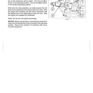 May include: A technical manual page titled 6-WORKING OPERATIONS, detailing FLEXIBLE LINK END ADJUSTMENT. It features a black and white line drawing of a tractor link mechanism with numbered components 1, 2, 3, and 4, alongside instructional text.