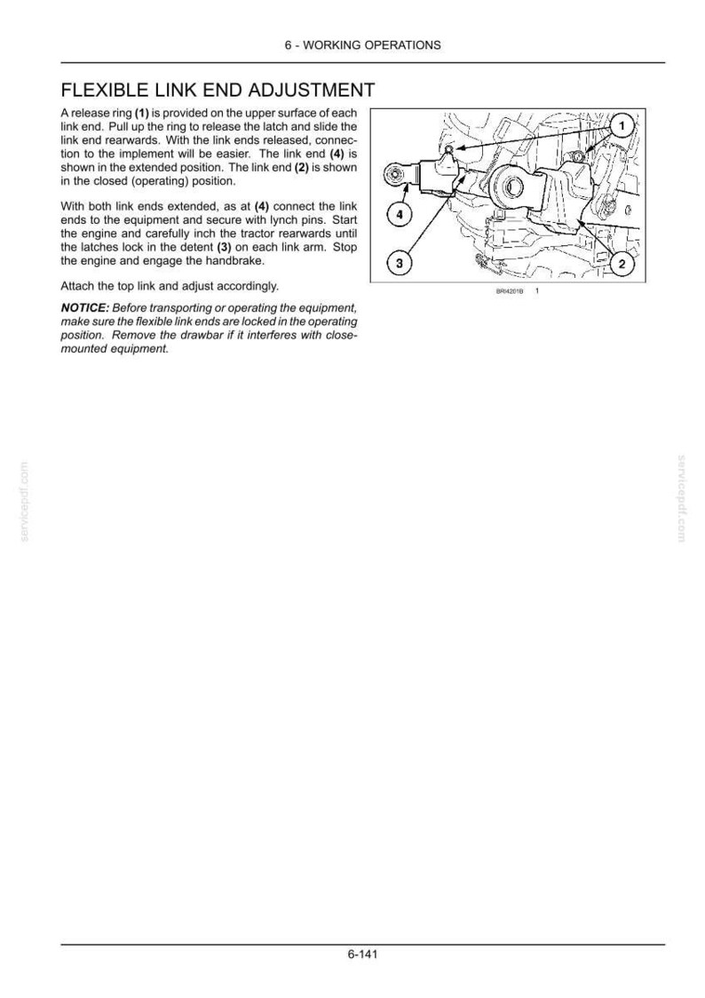 May include: A technical manual page titled 6-WORKING OPERATIONS, detailing FLEXIBLE LINK END ADJUSTMENT. It features a black and white line drawing of a tractor link mechanism with numbered components 1, 2, 3, and 4, alongside instructional text.